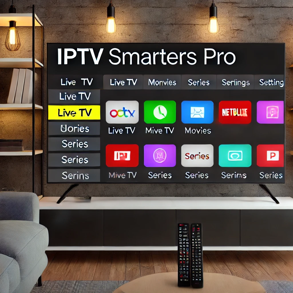 DALL·E 2024 07 24 19.46.22 A sleek and modern living room setup with a large TV displaying the IPTV Sm