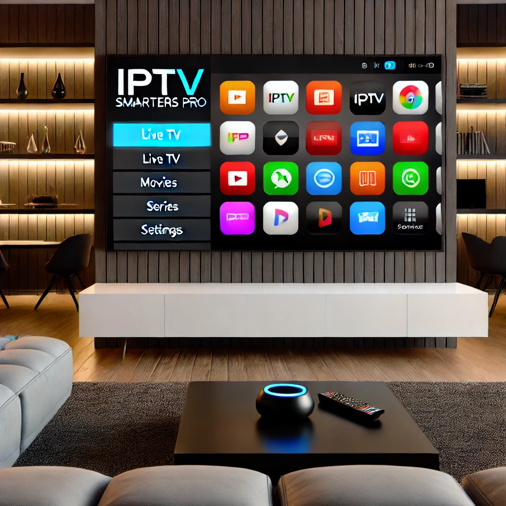 DALL·E 2024 07 24 19.46.24 A sleek and modern living room setup with a large TV displaying the IPTV Sm