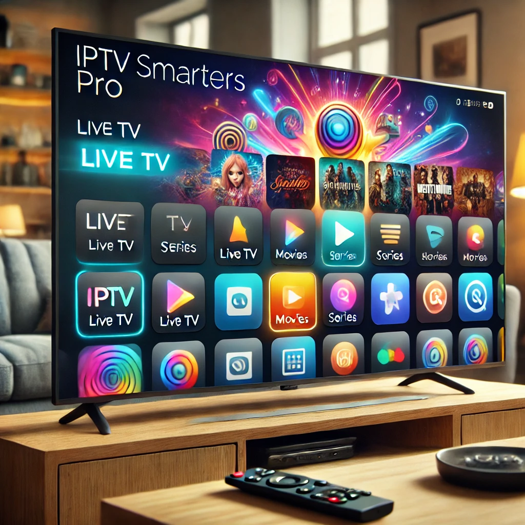 DALL·E 2024 07 24 19.46.26 A close up view of the IPTV Smarters Pro app interface on a TV screen. The